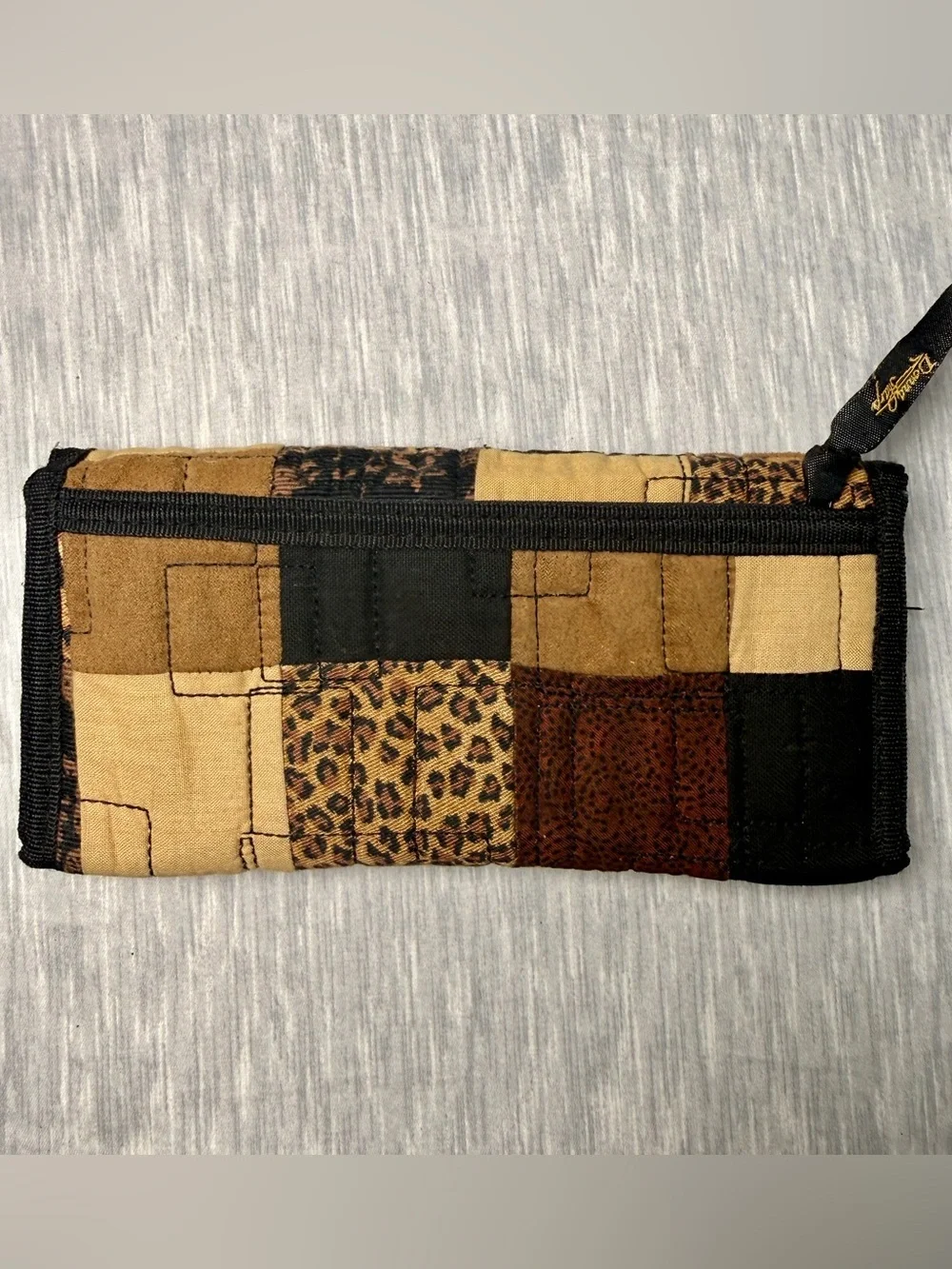 Donna Sharp Quilted Patchwork Leopard Print Trifold Wallet Brown Black Tan